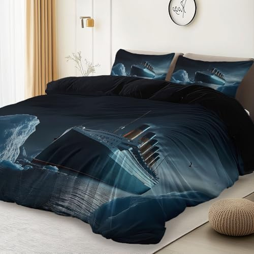 Générique Housse de Couette 90x190 cm avec 1 Taies d'oreiller 65x65 cm Motif Vue sur La Mer Titanic Iceberg, Parure de Lit avec Fermeture Éclair Réversible Noir Linge de Lit 1 Personnes