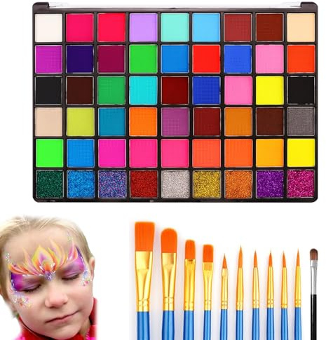 Kit de maquillage pour enfants, 54 couleurs pour le visage avec 10 pinceaux, maquillage de théâtre, peinture pour le visage pour enfants, pour Halloween, carnaval, performance scénique