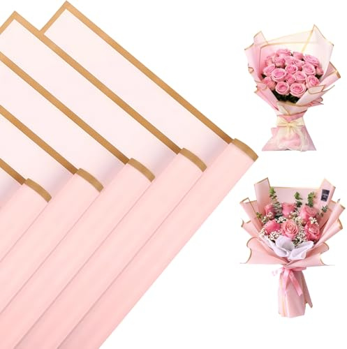 20 Blatt Blumenpapier Rosa Blumenstrauß Papier,56x56 cm Blumenstrauß Geschenkpapier mit Goldrand,Wasserdicht Flower Wrapping Paper,Bouquet Verpackungspapier für Geschenkverpackung,Blumenkunst,Handwerk