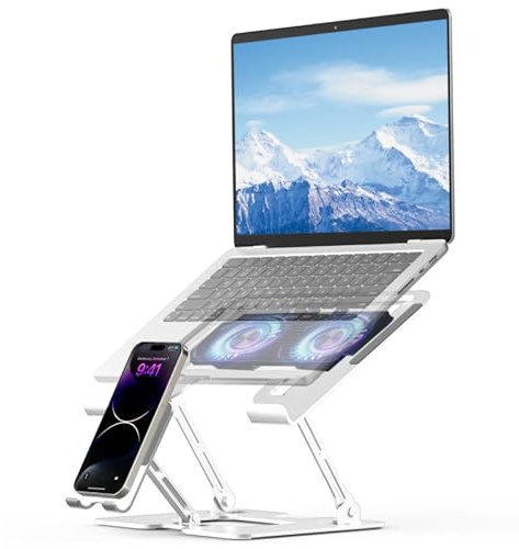 Laptop Cooling Stand with Detachable Fan,2-IN-1 Laptop Stand with Phone Holder and Silent Fans,Adjustable Height and Angle,Carbon Steel Framework,Laptop Cooling Pad for up to 16”Laptop (White)