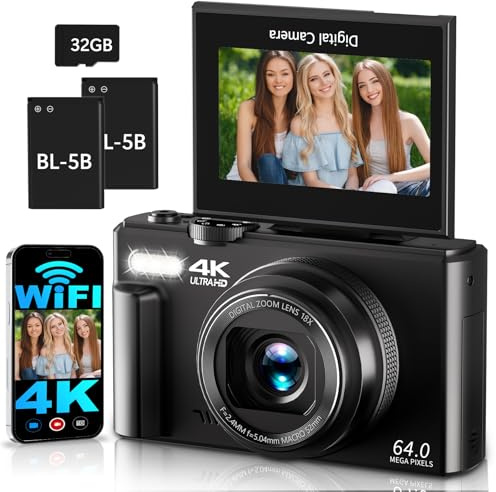 Appareil photo numérique 4K 64 MP avec Wi-Fi, écran à rabat 180°, mise au point automatique, vlogging avec selfie, appareil photo compact WiFi, zoom numérique 16x, avec carte de 32 Go, 2 piles pour