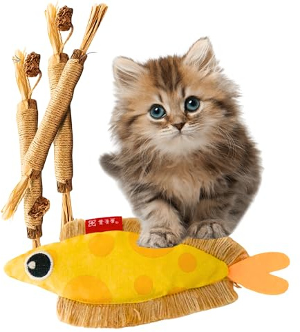 TheGuard Silvervine Chew Sticks for Cats – 4 Natural Cat Toy set for Indoor Cats, Healthy Teeth & Mental Enrichment, 1 Cute Fish Toy silvervine for cats, Potent Fresh Matatabi Sticks