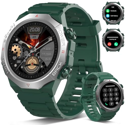 Militär Smartwatch Herren Damen, Smart Watch mitTelefonfunktion 1,39 Touchscreen, Herzfrequenzmonitor Schlafmonitor IP68 Wasserdicht Sportuhr, 110+ Sportmodi Fitnessuhr für iOS Android (Grün)