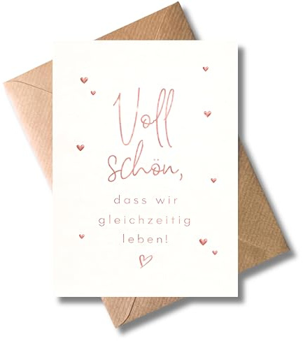 WBdesignz Liebeskarte „Voll Schön, dass wir gleichzeitig leben!“ mit Umschlag - roségoldene Herzen - romantisch, süß - Valentinstagskarte Freundschaftskarte - Partner Herzensmenschen Freunde (DIN A6)