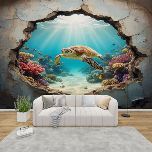 AevuCub Tapete Schildkröte, Fototapete 3D Optische Täuschung Schlafzimmer, Tapeten Vliestapete Meerestiere Wohnzimmer, Wandtapete Kinderzimmer Meereswelt Wanddeko, 150 x 105 cm (B x H)
