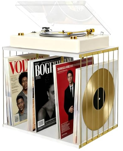 XLSBZ Vinyl Record Storage Holder, Metal & Wooden Vinyl Record Rack Up to 80 LP Albums, Record Player Stand Organizer for Albums, Magazine, Book
