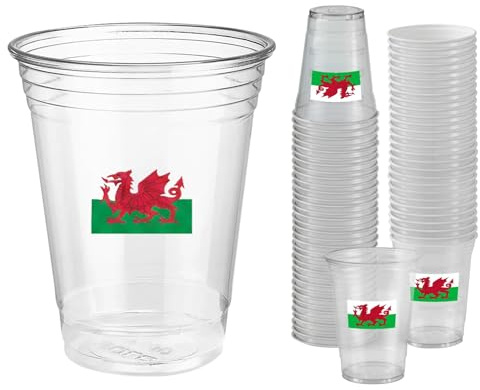 Komonee 50 x Wales Cymru Clear Cups 570ml (20oz) - Wide Rimmed Disposable Plastic Pint Glasses for World Cup, Football, Euros, Rugby, Welsh Parties & Adult Novelty