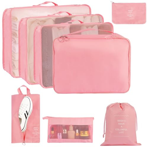 MosaiRudo Juego De 8 Organizadores Para Maletas, Cubos De Embalaje Para Vacaciones Y Negocios, Organizador De Viajes, Bolsas De Almacenamiento Para Ropa, Zapatos (8, Rosa)