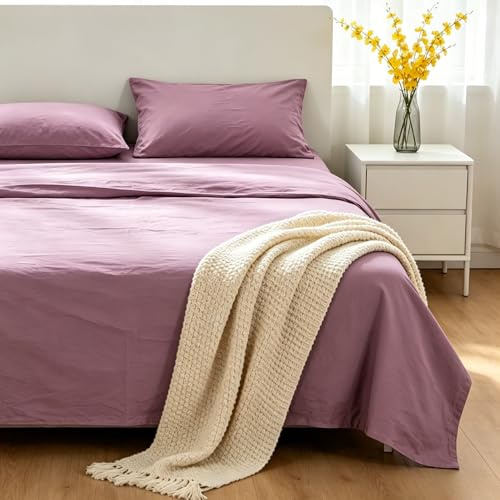 VKZ Set Lenzuola Matrimoniale Cotone con Angoli, Completo Letto Matrimoniale in Puro Cotone per Biancheria da Letto Confortevole e Durevole,ROSA