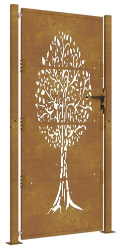 Qnhdfrt Gartentor Cortenstahl 110 x 180 cm - Zauntor mit Laser-Cut Baumdesign und Pfosten - Abschließbare Gartenpforte für Außenbereich und Terrasse - Witterungsbeständiges Metalltor
