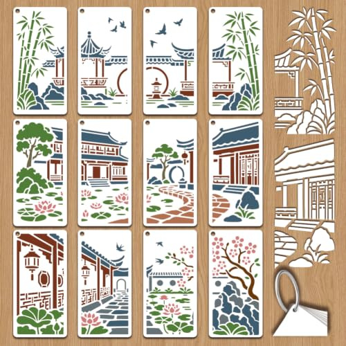 GOMAKERER 12 Sheets Oriental Garden Stencil for Painting, Traditional Chinese Pavilion Bamboo Lotus Drawing Templates Reusable PET Chinese Character Stencils for Painting on Wall Wood Home Decor