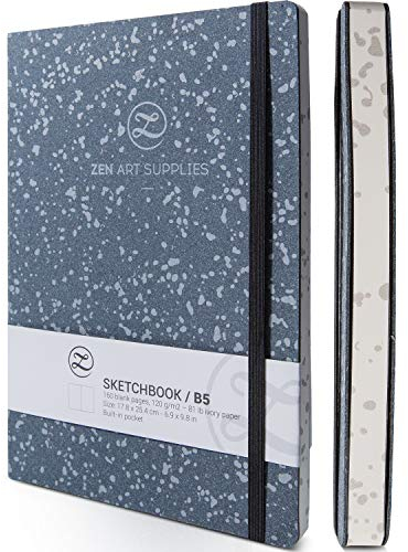 ZenART Skizzenbuch für Künstler aus Leder - 160 Leere Seiten von 120 GSM Säurefreiem, Elfenbeinfarbenem Papier – B5 17,8 x 25,4 cm Flachliegend, Biologisch Abbaubar, für Zeichnung, Aquarell oder Tinte