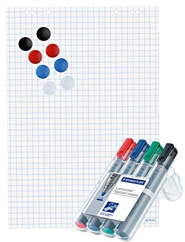 Herlitz Flipchartblock, 68x99cm (kariert/gelocht), 5 Blöcke, 8 Magnete & 1 Flipchartmarker Sets á 4 Stk.