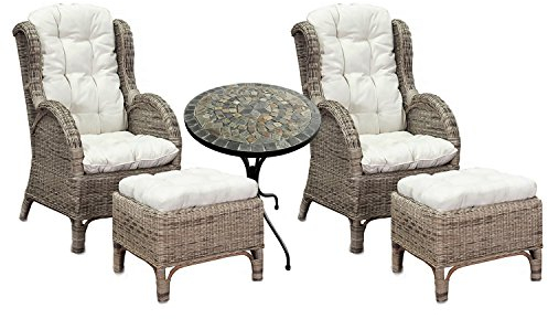 Mojawo Luxus Rattan Set 2 Stück Relaxsessel Korbsessel Rattansessel mit Hocker Ohrensessel mit Fußhocker aus Rattan, inkl. Polster in beige und 1 Stück Mosaiktisch