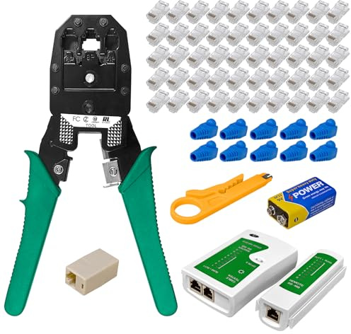 ALEENFOON - Kit di strumenti di rete professionali con crimpatrice, per Ethernet, LAN, RJ11, RJ45, Cat5e, Cat6, Cat7, con 50 connettori RJ45, set di 65 strumenti per internet