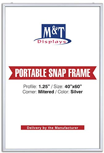 M&T Displays Portable Snap Poster Frame 40x60 Inch Silver 1.25 Aluminum Profile Front Loading Wall Mounting Photo Picture Document Certificate Sign Holder Mitered Corner Anti Glare Cover
