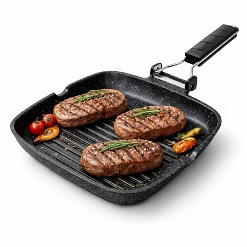NAMAI - Sarten Grill Para Induccion 20 CM x 20 CM, Revestimiento Antiadherente, Aluminio Fundido a Presión, Apto Para el Lavavajillas, Asa Plegable que Ahorra Espacio (20 x 20 CM)