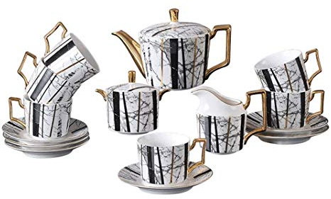 SMSOM Juego de té Retro Europeo de 15 Piezas, Conjunto de té de Flora Inglesa para Adultos, Conjunto de café de Porcelana, Taza de café Lateral de Oro y Juego de platillos