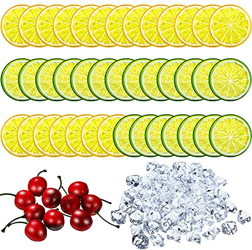 130 Pieces Lemon Slice Ice Cubes Set - 20 Simulation Lemon Slices, 100 Acrylic Ice Cubes, 10 Artificial Cherries for Wedding Kitchen Decoration