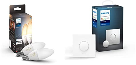 Philips Hue White Ambiance E14 LED Lampe Doppelpack, alle Weißschattierungen, steuerbar via App, kompatibel mit Amazon Alexa (Echo, Echo Dot) + Smart Button, komfortables Dimmen ohne Installation
