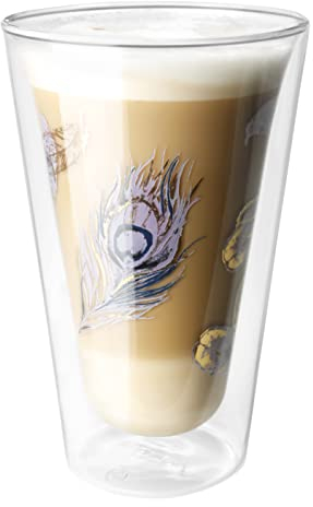 Montepreti Design Latte Macchiato Gläser Pfauenfeder, XXL 450ml, großes doppelwandiges Borosilikatglas Kaffeeglas, auch für Espresso Kaffee Tee (1)