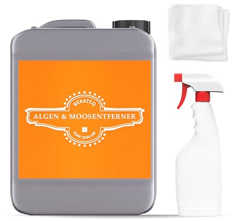 Algenreiniger 2,5L Set mit Sprühflasche und Vliestuch - Moosreiniger & Algenentferner für Pool, Whirlpool, Fliesen, Stein, Dach, Klinker, Fassade - Reiniger chlorfrei & säurefrei - BEKATEQ BE-509