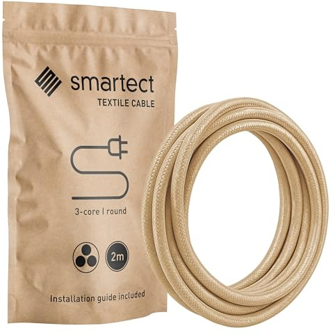 smartect Cable Textil 3 Hilos (3 x 0.75 mm²) en Marrón Claro, 2 Metros | Vintage Cable Eléctrico, Cuerda para Lámpara con Revestimiento Textil para tu Proyecto DIY