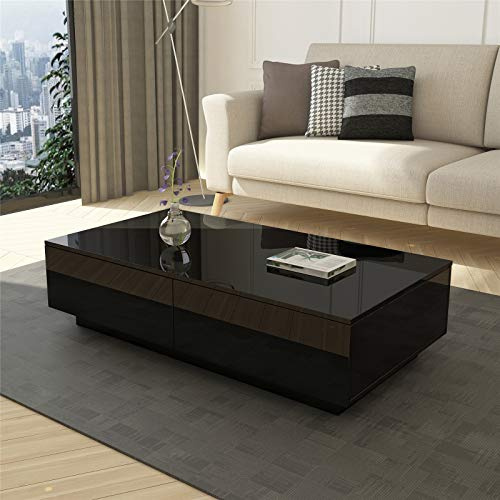 Couchtisch Schwarz Hochglanz Mit Stauraum - Moderner Rechtecktisch mit 4 Schubladen für Wohnzimmer & Homeoffice, Hochglanzlackierung & Stauraum-Organizer 95x60x31 cm