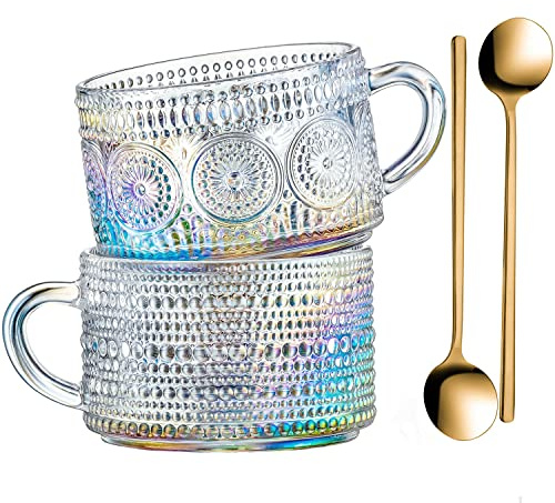 Gezzeny Vintage Glass Coffee Mugs 14 Oz Set of 2 Iridescent Embossed, Tea Cups,Glass Coffee Cups for Cappuccino, Latte,Cereal, Yogurt, Beverage Christmas Thanksgiving Day Gifts