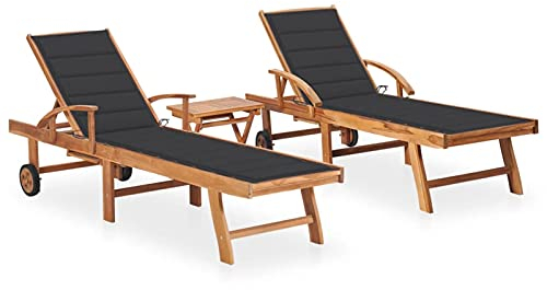 Gecheer 2 STK. Sonnenliege mit Tisch und Auflagen Gartenliege Liegestuhl Holzliege Liege Gartenmöbel Saunaliege Strandliege Massivholz Teak