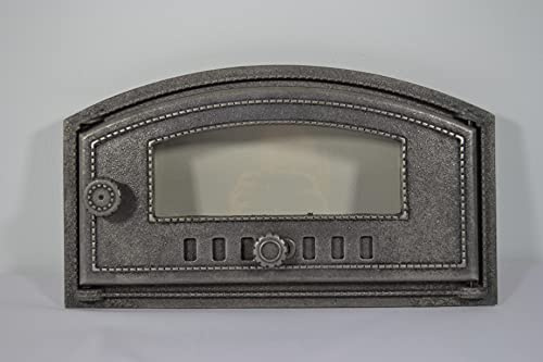 SEZAM Cast Iron Oven Door with Heat Resistant Glass Pane, Right Opening, Pizza Oven, Bread Oven, Stone Door, 48.5 x 6.5 x 27.5 cm, Semi-Circular Without Paint