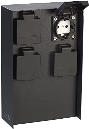 Royal Gardineer Stromverteiler außen: 4-fach-Garten-Steckdose, 230 V, bis 3.680 W, Edelstahl, IP44, schwarz (Stromverteiler außen wasserdicht, Steckdose Garten wasserdicht, Außenbeleuchtung)