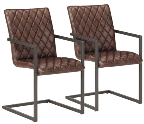 vidaXL Freischwinger 2 STK., Schwingstuhl mit Armlehnen, Esszimmerstuhl Metallrahmen, Essstuhl Küchenstuhl Stuhl Esszimmer Küche, Retro-Design, Braun Echtleder