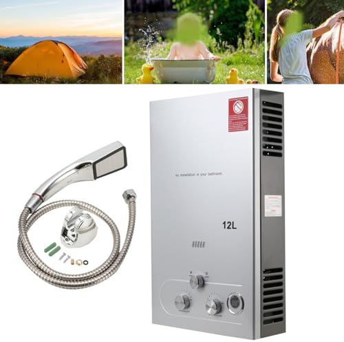 ECUTEE Chauffe eau gaz 12L 24 kW Propane Chauffe eau instantané Gas Tankless Chaudiere avec pommeau de douche galvanisé et tuyau de douche - en plein air et la douche pour camping car, argent