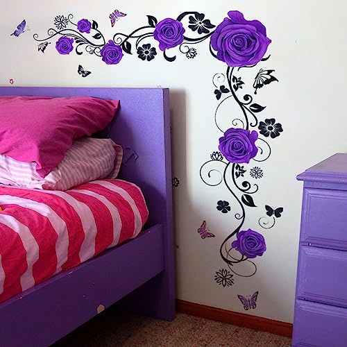 HGDESIGN® Wandtattoo Wandaufkleber Rot Rosen Blumenranke Wohnzimmer Schlafzimmer Wandsticker Wandbild Wanddeko Selbstklebend (Lila)