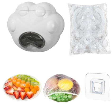 Eowppue cling film,Plastic Wrap Storage Box-with 100pcs Plastic Wrap Cat Paw Shape Plastic Wrap Storage Box Dispenser Wall-Mounted,Fresh keeping food cover for Vegetable Fruit Food
