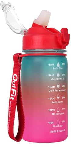 BuildLife School Water Bottle for Kids With Straw, Time Markings, 450ml Capacity - BPA Free, Leakproof, Dishwasher Safe Sports Bottle (Green Pink)