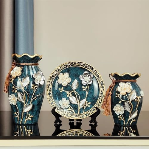 3Pcs/Set Ceramic Vase 3D Stereoscopic Dried Flowers Arrangement Wobble Plate Living Room Entrance Ornaments Home Decorations(F)