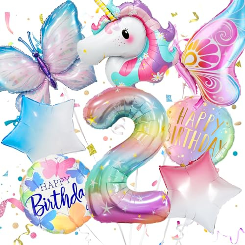 Dekoration zum Geburtstag, Einhorn, 2 Jahre, Ballon 2 Jahre, Deko zum Geburtstag, 2 Set, Mädchen, Einhorn-Ballon, Schmetterlinge, Mädchen, Party, Dekoration