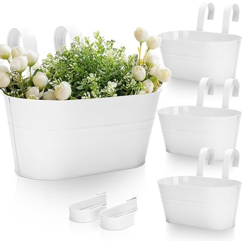 KINGLAKE 4Pcs Metal Hanging Plant Pots, 27cm White Fence Hanging Planters Flower Pots Holder Large Balcony Planters for Railing Outdoor Garden Home Décor with Detachable Hooks