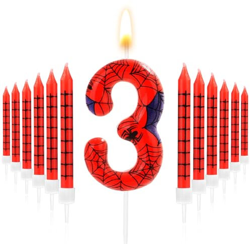 12pcs Bougies Imprimées en Toile d'Araignée et 1 Bougie Numéro, Rouge Bleu Bougie d'Anniversaire Araignée Bougie Araignée Décoration Gâteau Araignée pour Garçons Filles (Numéro 3)