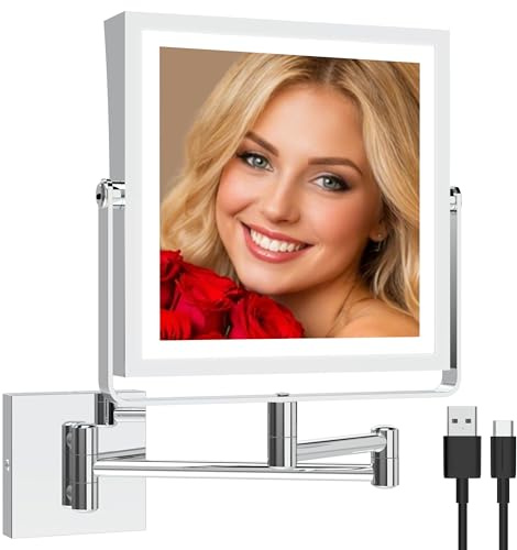 Ruacq Wiederaufladbarer Wand-Make-up-Spiegel mit Beleuchtung, doppelseitig, 1-fach/10-fache Vergrößerung, Kosmetikspiegel mit 3-farbiger Beleuchtung, Touchscreen, dimmbar, 360° drehbar, ausziehbarer