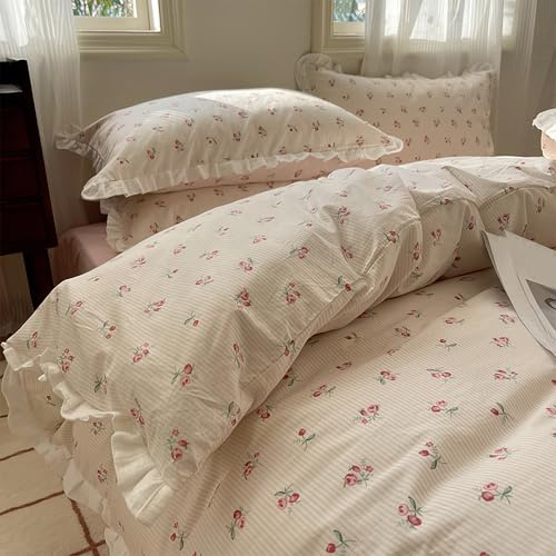 GETIYA romantisch rosa Blumen Bettwäsche 135x200 Baumwolle Rüschen Bettwäsche Mädchen Damen Blümchen Bettbezug Zweiteilig 80x80