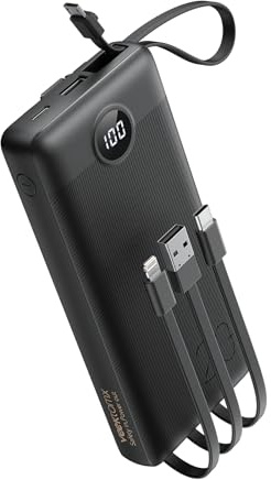 Powerbank 20000 mAh USB C con 5 salidas y 2 entradas de caraPowerbank con cables integrados Batería externa para teléfono móvil Compatible con iPad, iPhone 17/16, Samsung, Google Pixel etc.