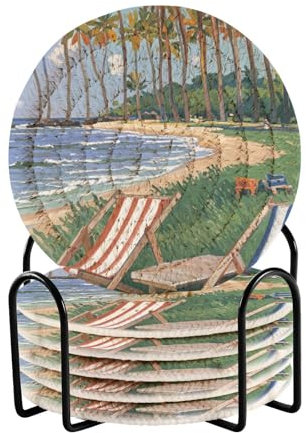 Oil Painting Summer Green Hawaiian Beach Absorbent Drink Coasters Set with Holder 6 Pack Drink Coasters for Home House Bar Accessories
