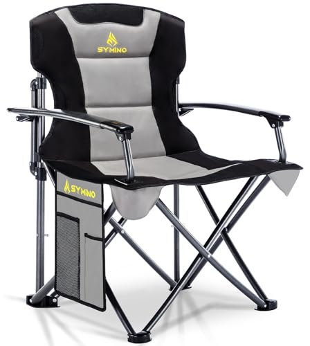 Symino Luxus Campingstuhl Faltbar, Tragbarer Bequem Gepolster Klappstuhl Anglerstuhl Sessel Belastbarkeit bis 150 kg mit Seitentasche für Picknick Outdoor Wandern, Grey