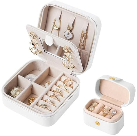 LDALAX Schmuckkästchen Reise, 2-teiliges Set Schmuckschatulle für Mädchen und Frauen, Reise Schmuck Etui, PU-Bezug Schmuck-Organizer für Ringe, Ohrringe, Halsketten (Weiß)