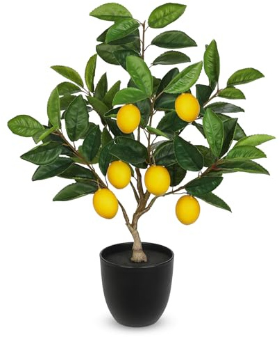 Künstliche Pflanze Deko Zitronenbaum 50cm Plastik Pflanze im Topf Schwarz | Kunstpflanzen wie echt Zimmerpflanzen Künstlich mit Zitronenzweig und Zitrone Früchte für Home Decor Wohnzimmer Küche Büro