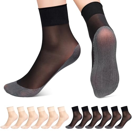 Kiiwah 12 Paires Socquettes Nylon Transparentes pour Femme 20DEN, Chaussettes Collants Mi Bas Nylon Fines Sans Coutures Antidérapant Chaussettes de Cheville (Noir, Chair/Chair)