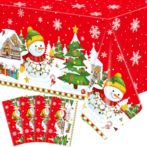 4 Stück Weihnachts Tischdecken Weihnachts-Tischdecke mit Schneeflocken Weihnachtsfeier-Tischdecke Weihnachtsfeier-Dekoration mit Weihnachtsbaum und Schneemann 51 x 86 Zoll